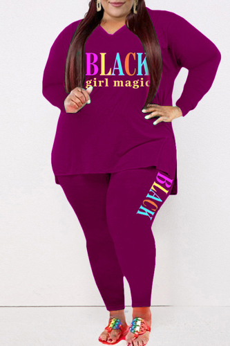Purple Fashion Casual Letter Print Slit V Neck Plus Size Two Pieces
