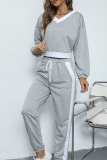 Light Gray Casual Patchwork Draw String Contrast V Neck Long Sleeve Two Pieces