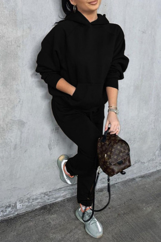 Black Casual Solid Patchwork Pocket Hooded Collar Long Sleeve Two Pieces