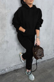 Black Casual Solid Patchwork Pocket Hooded Collar Long Sleeve Two Pieces