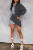 Grey Casual Solid Patchwork Buttons Asymmetrical Turndown Collar One Step Skirt Dresses