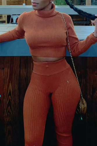 Tangerine Red Casual Solid Patchwork Turtleneck Long Sleeve Two Pieces