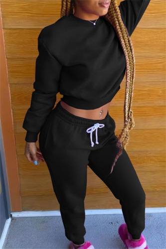 Black Fashion Casual Solid Basic O Neck Long Sleeve Two Pieces