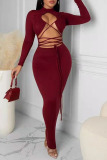 Burgundy Sexy Solid Hollowed Out Patchwork Frenulum O Neck One Step Skirt Dresses