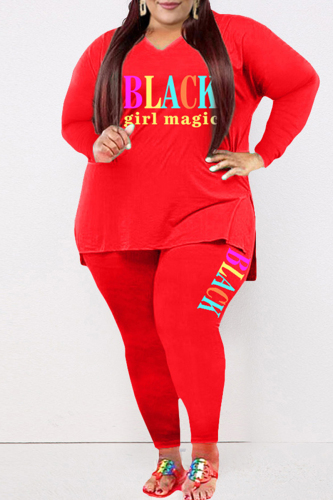 Red Fashion Casual Letter Print Slit V Neck Plus Size Two Pieces
