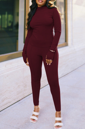 Burgundy Fashion Casual Solid Basic Turtleneck Long Sleeve Two Pieces