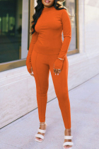 Orange Fashion Casual Solid Basic Turtleneck Long Sleeve Two Pieces
