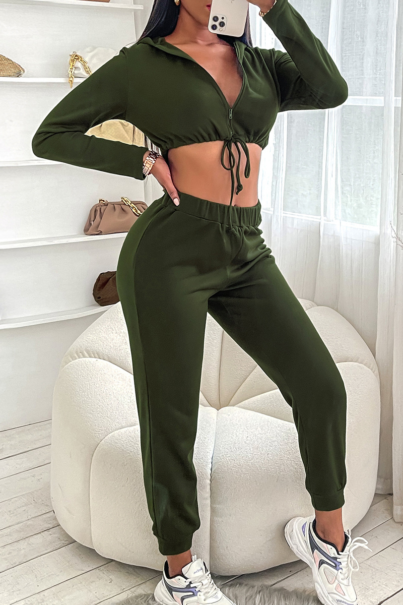 

Army Green Fashion Casual Solid Bandage Zipper Collar Long Sleeve Two Pieces