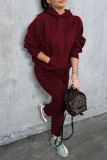 Burgundy Casual Solid Patchwork Pocket Hooded Collar Long Sleeve Two Pieces