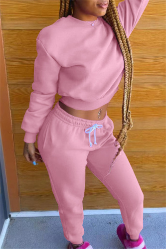 Pink Fashion Casual Solid Basic O Neck Long Sleeve Two Pieces