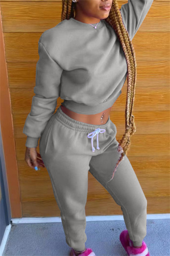Grey Fashion Casual Solid Basic O Neck Long Sleeve Two Pieces