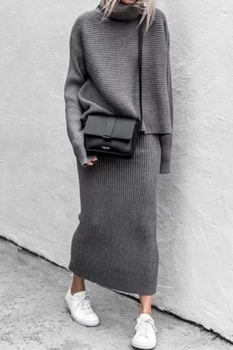 Grey Casual Solid Patchwork Turtleneck Long Sleeve Two Pieces