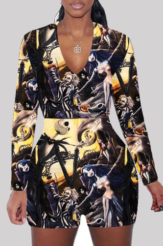 multicolor Halloween Pumpkin Bat Print Deep V Neck Long Sleeve Fall Winter Skinny Rompers