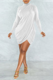 White Sexy Solid Split Joint Fold Asymmetrical Turtleneck One Step Skirt Dresses