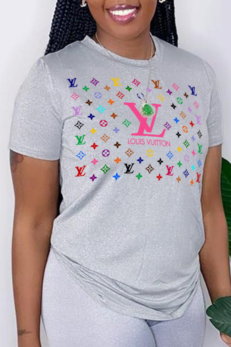 

Grey Fashion Casual Print Split Joint O Neck T-Shirts
