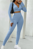 Blue Casual Sportswear Solid Basic V Neck Long Sleeve Two Pieces