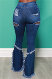 Baby Blue Fashion Casual Solid Ripped Patchwork Plus Size Jeans