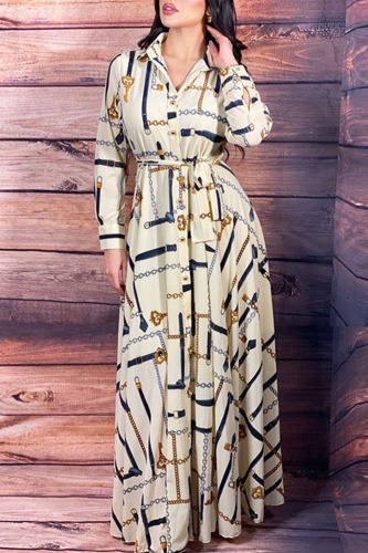 White Casual Print Patchwork Buckle Turndown Collar Shirt Dress Dresses