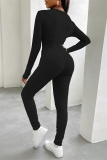 Black Casual Sportswear Solid Basic V Neck Long Sleeve Two Pieces