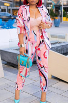Pink Fashion Casual Print Cardigan Pants Turndown Collar Long Sleeve Two Pieces