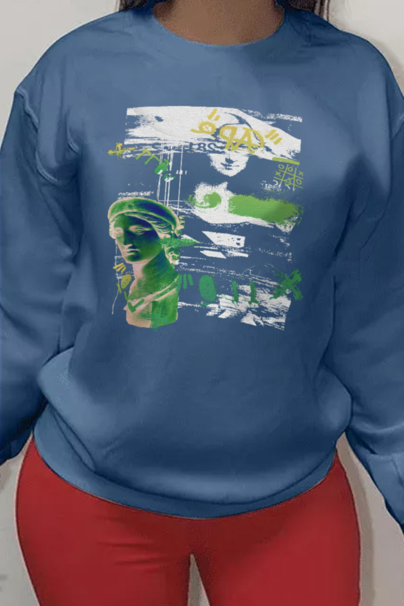 

Blue Casual Street Print Split Joint O Neck Tops
