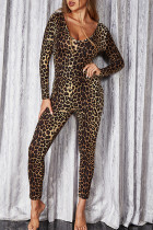 Leopard Print Fashion Casual Leopard Printing V Neck Skinny Jumpsuits (Without Belt)