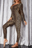 Leopard Print Fashion Casual Leopard Printing V Neck Skinny Jumpsuits (Without Belt)