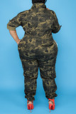 Army Green Fashion Casual Camouflage Print Patchwork Zipper Collar Plus Size Jumpsuits