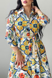 Multi-color Casual Print Patchwork Buckle Turndown Collar Shirt Dress Dresses