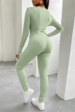 Green Casual Sportswear Solid Basic V Neck Long Sleeve Two Pieces