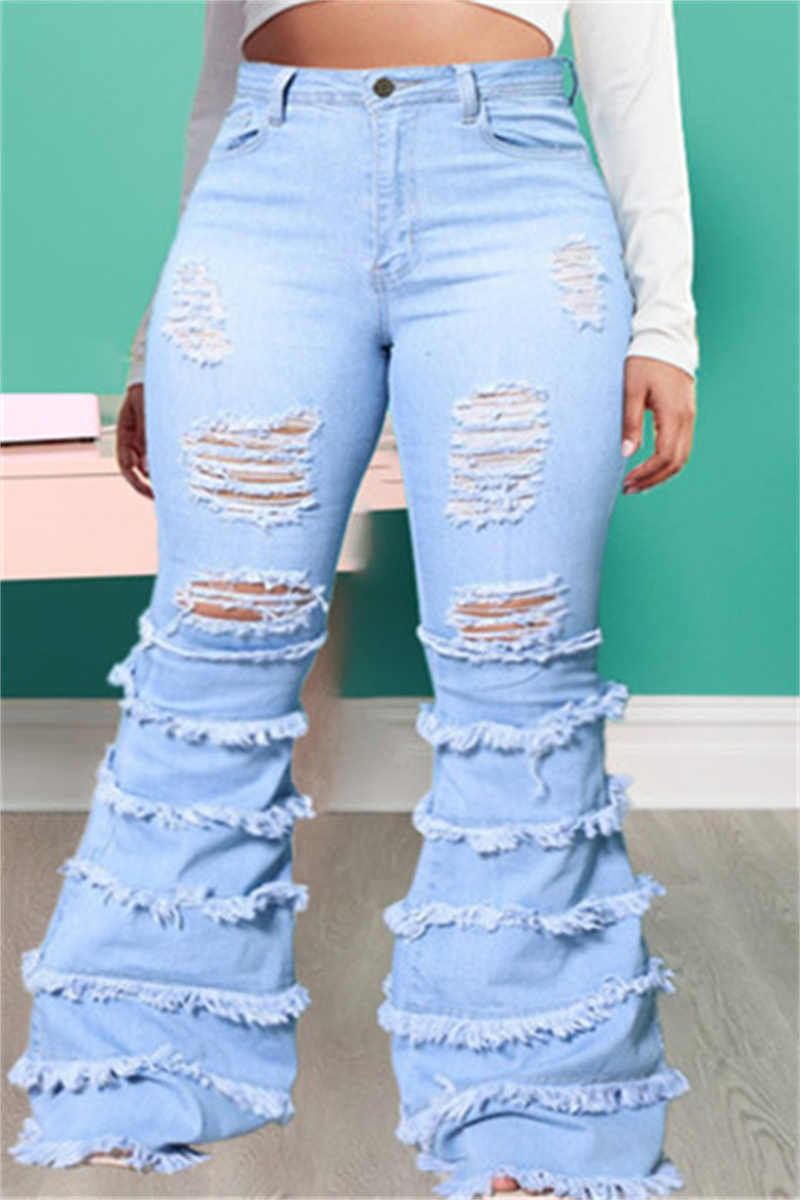 

Baby Blue Fashion Casual Solid Ripped Plus Size Jeans