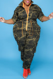 Army Green Fashion Casual Camouflage Print Patchwork Zipper Collar Plus Size Jumpsuits