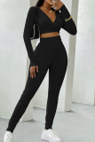 Coffee Casual Sportswear Solid Basic V Neck Long Sleeve Two Pieces