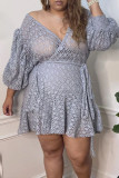 Grey Sexy Solid Bandage Hollowed Out See-through V Neck Long Sleeve Plus Size Dresses