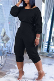 Black Fashion Casual Solid Pocket Oblique Collar Regular Jumpsuits
