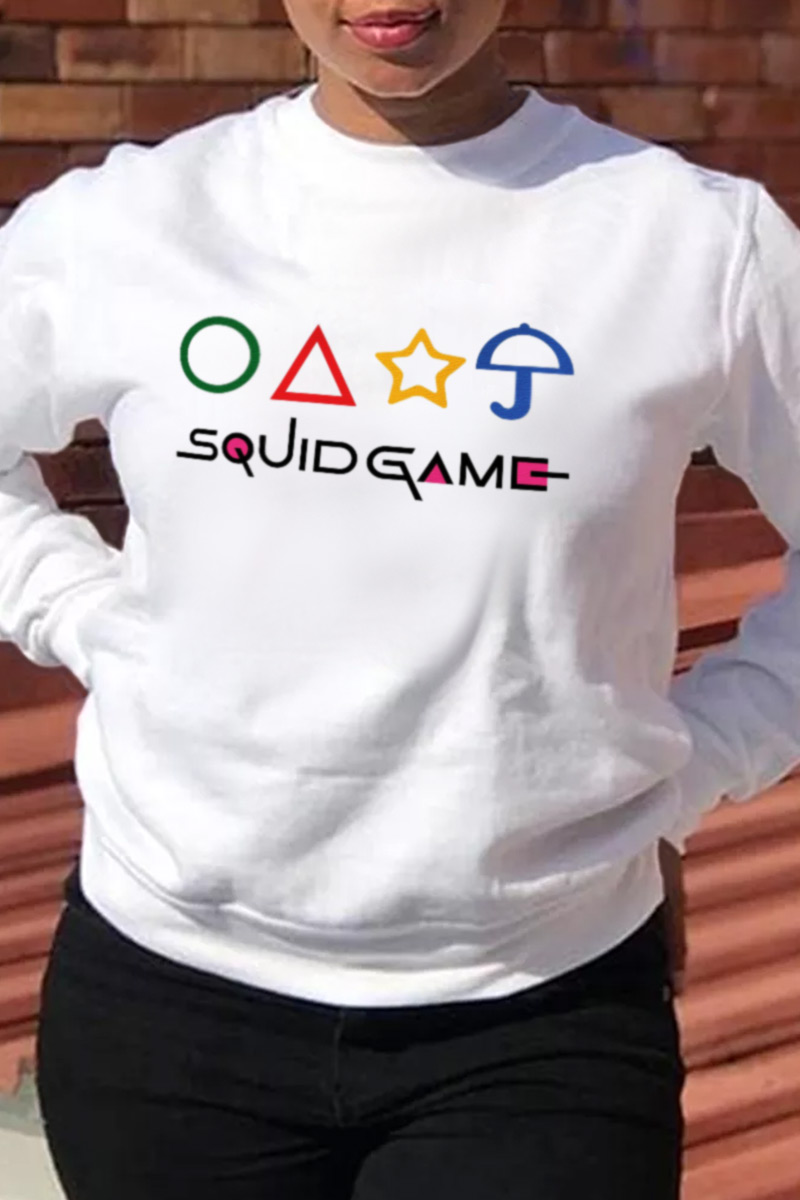 

White Fashion Casual Print Split Joint O Neck Tops (squid game)