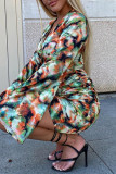 Colour Fashion Sexy Print Hollowed Out V Neck Long Sleeve Dresses