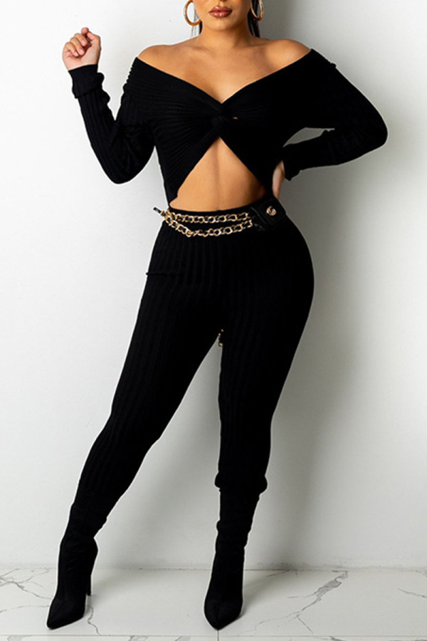 Black Sexy Solid Split Joint Knotted V Neck Long Sleeve Two Pieces(Without Belt)