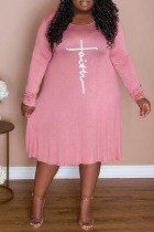 Pink Casual Print Split Joint O Neck A Line Plus Size Dresses