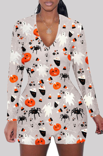 Grey Halloween Pumpkin Bat Print Deep V Neck Long Sleeve Fall Winter Skinny Rompers