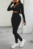 Black Casual Sportswear Solid Basic V Neck Long Sleeve Two Pieces