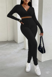 Coffee Casual Sportswear Solid Basic V Neck Long Sleeve Two Pieces