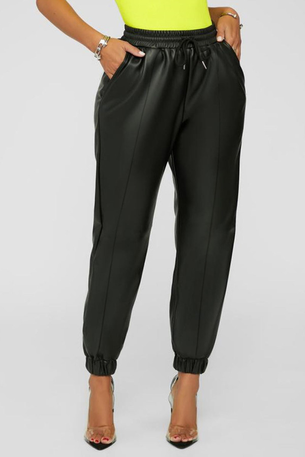 Street Bronzing Fold Regular High Waist Solid Color Bottoms