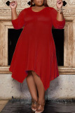 Red Casual Solid Patchwork Asymmetrical O Neck A Line Plus Size Dresses