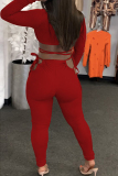 Red Sexy Casual Solid Bandage Hollowed Out Half A Turtleneck Long Sleeve Two Pieces