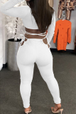 White Sexy Casual Solid Bandage Hollowed Out Half A Turtleneck Long Sleeve Two Pieces