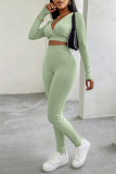 Green Casual Sportswear Solid Basic V Neck Long Sleeve Two Pieces