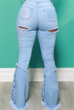 Baby Blue Fashion Casual Solid Ripped Patchwork Plus Size Jeans