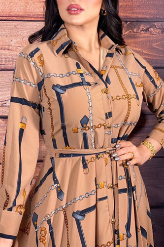 Khaki Casual Print Patchwork Buckle Turndown Collar Shirt Dress Dresses