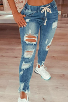 Baby Blue Casual Patchwork Ripped High Waist Skinny Denim